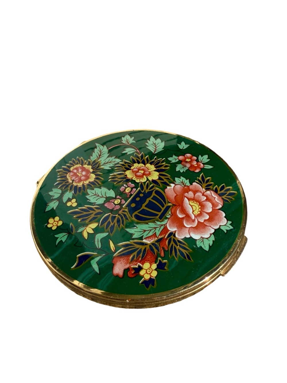 Vintage Mid Century Stratton Emerald Chinoiserie Floral Round Compact